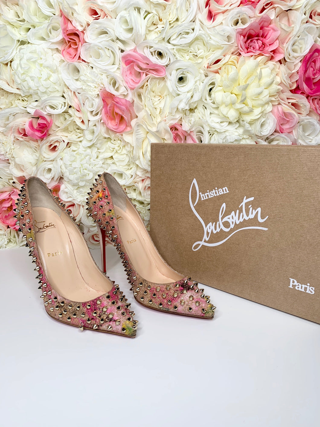 Womens Christian Louboutin Follies Spikes 100 Cork Blooming/Pat Heels