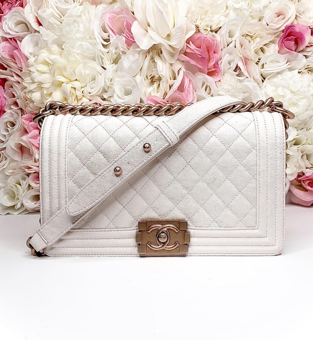 Womens Chanel WHITE CAVIAR GHW OLD MED BOY (2019) Handbag